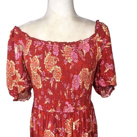 Zesica Dress Womens Size XL Orange Pink Floral Smocked Ruffle Beach Boho New - Picture 7 of 13